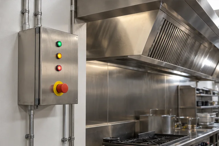 Gas control panel beside a commercial kitchen extraction canopy